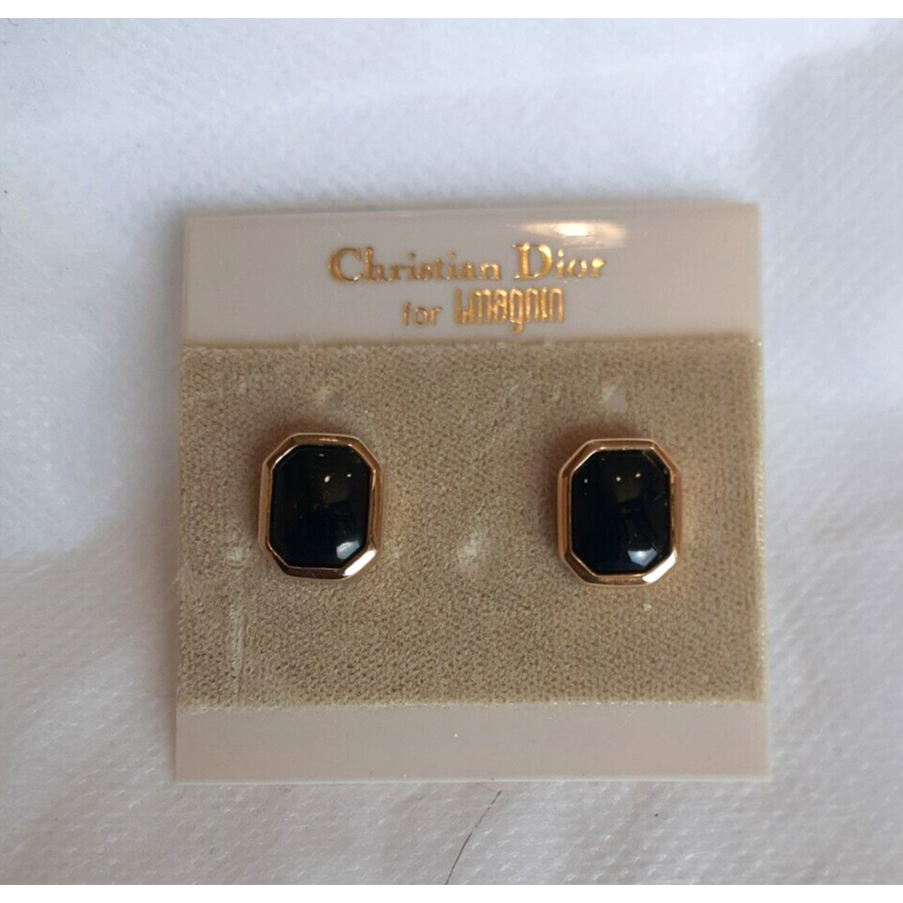 CHRISTIAN DIOR for I. Magnin Vintage Faux Onyx Gold Tone Earrings Jewelry NWT